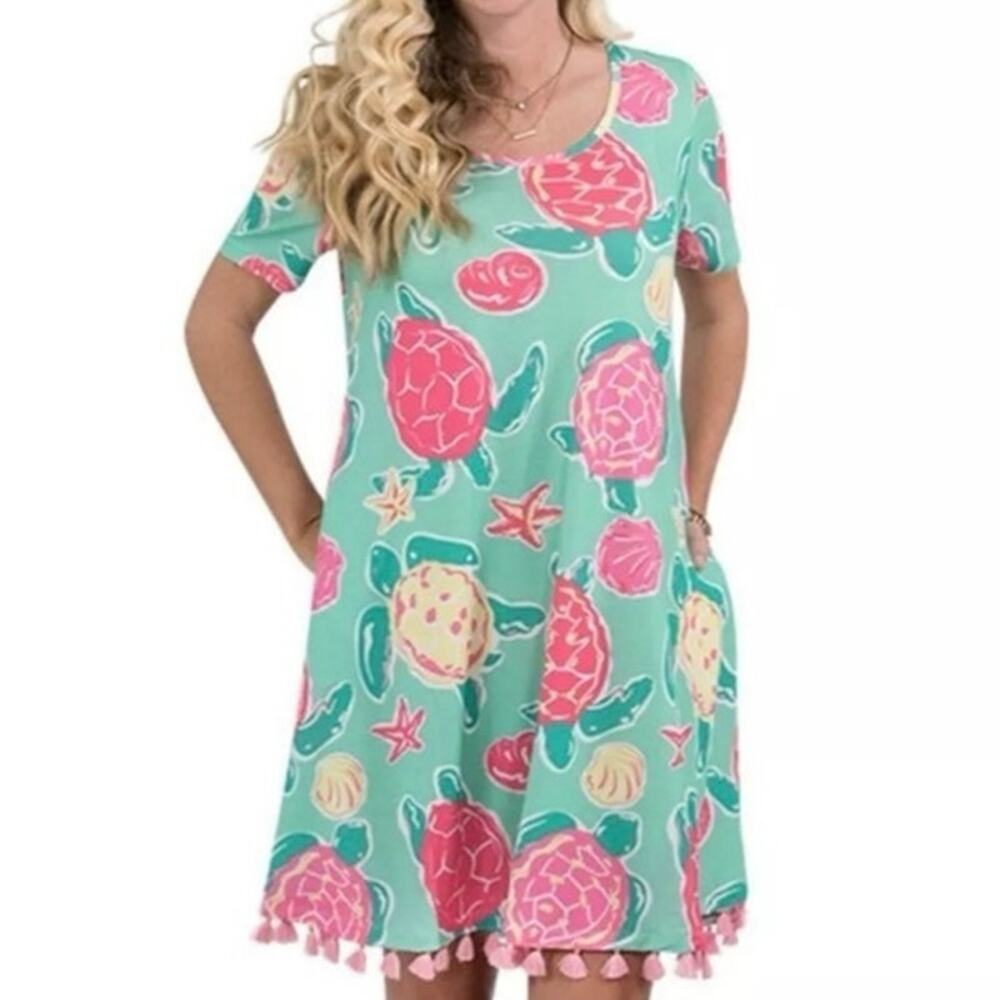Simply Southern Tassel Beachy Topsail Dress Sea Turtles Pink Yellow Green Size M